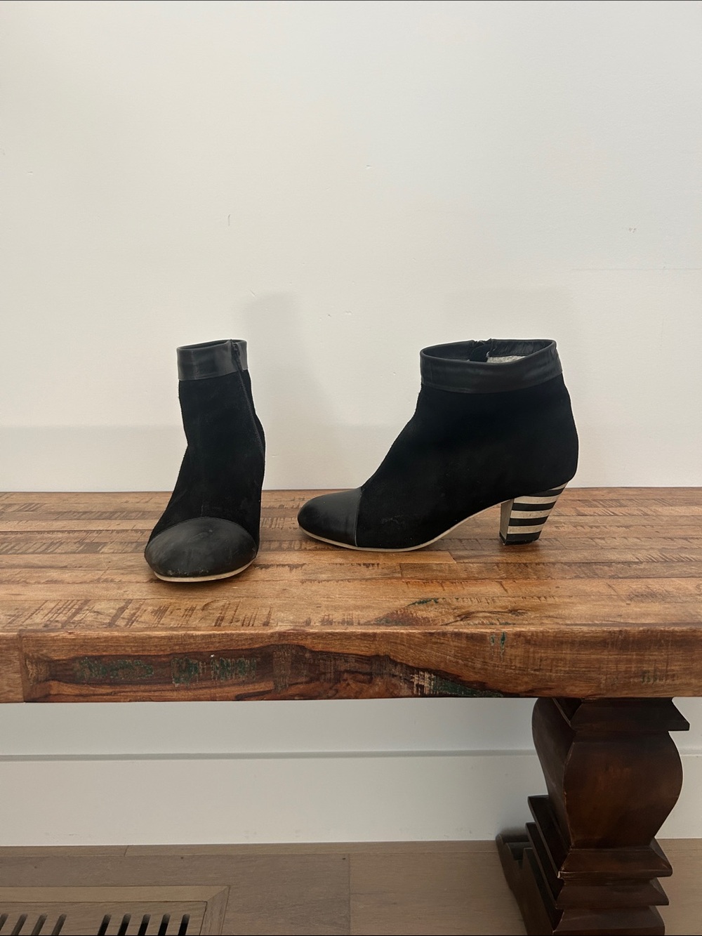 Women's Black Suede Ankle Boots with Striped Heel
